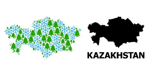 New Year Composition Map of Kazakhstan of Snowflakes and Fir Forest Stock Illustration