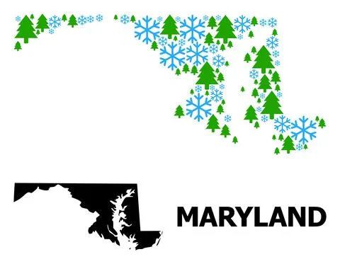 New Year Composition Map of Maryland State of Snowflakes and Fir Trees Illustrazione stock