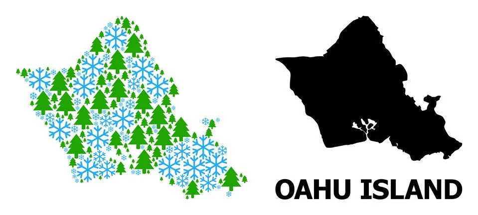New Year Composition Map of Oahu Island of Snowflakes and Fir Forest Stock Illustration