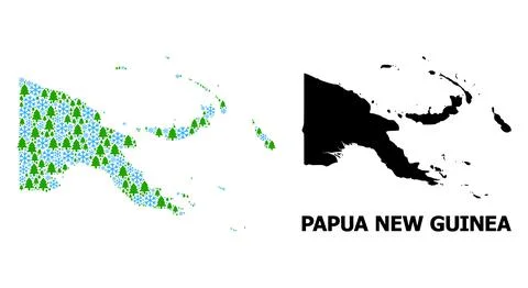New Year Composition Map of Papua New Guinea with Snowflakes and Fir Forest Illustrazione stock