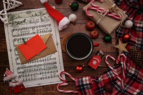 New Year composition with notes of Jingle Bells and New Year cards Stock Photos