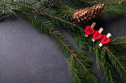 New year composition with pine branches, pine cones and number 2022 on dark h Stock Photos