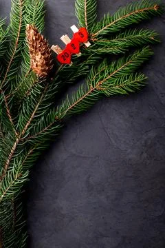 New year composition with pine branches, pine cones and number 2022 on dark v Stock Photos