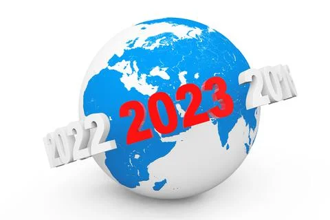 New Year Concept. 3d number 2023 around Earth Globe. 3d Rendering Illustrazione stock