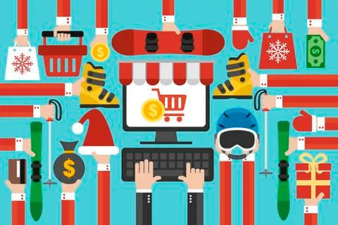 New Year concept design flat online sale of ski equipment Stock Illustration