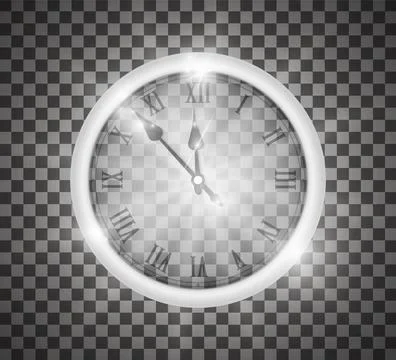 New year concept. Silver realistic transparent vintage clock isolated on Ilustración de archivo