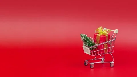 New Year concept stop motion animation of Shopping trolley with Christmas tree Stock Footage 293085228