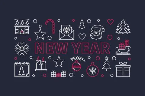 New Year concept vector line horizontal illustration or banner Stock Illustration