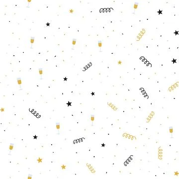 New Year confetti seamless pattern with champagne glasses, stars, streamers and Stock Illustration