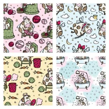 NEW YEAR COW PATTERN SET Cartoon Seamless Vector Collection Stock Illustration