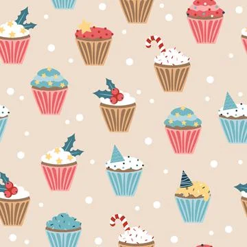 New Year Cupcake. Seamless pattern. Christmas set of cupcakes and muffins 스톡 일러스트