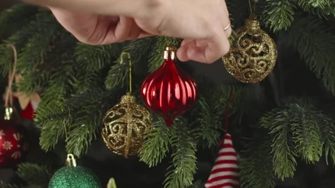 New Year decorations and decorations on the background of the Christmas tree Stock Footage 293426466