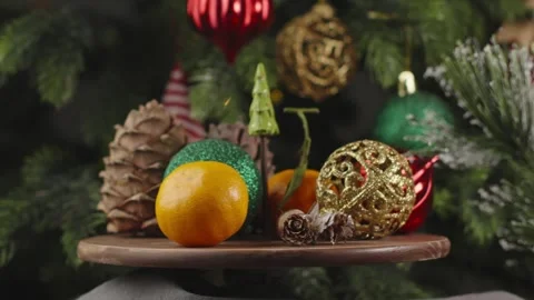 New Year decorations and decorations on the background of the Christmas tree Stock Footage 293427384