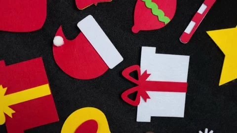 New Year decorations on black background. Flat lay, top view. Video stock 219489327