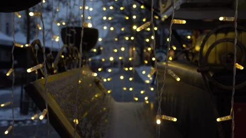 New Year decorations. Hanging sparkling garlands. Bright light bulbs Stock Footage 294307012