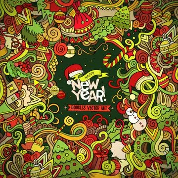 New Year doodles elements frame background Stock Illustration