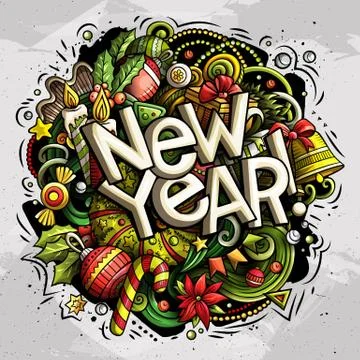 New Year doodles illustration objects and elements poster design Stock Illustration