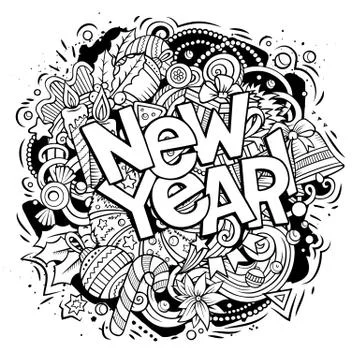 New Year doodles illustration objects and elements poster design Stock Illustration