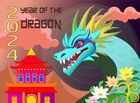 New Year Dragon 2024, Vector image dragon on the background, Chinese house... Illustrazione stock