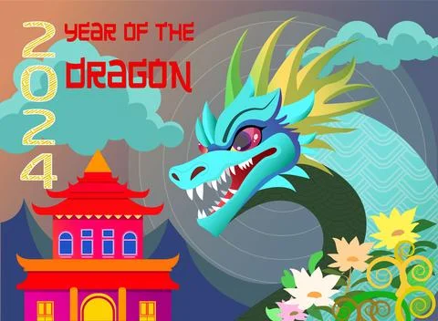 New Year Dragon 2024, Vector image dragon on the mountain background, Chinese Illustrazione stock