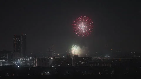 New Year Eve Fireworks Exploding over City Skyline at Night Stock Footage 337533831