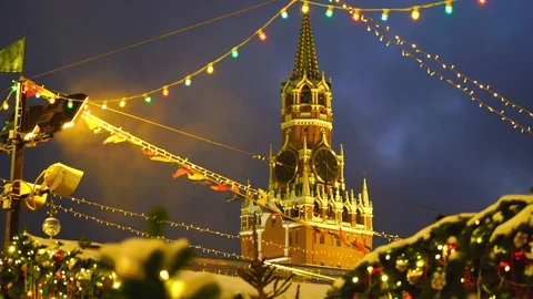 New year fair near the Kremlin and Spasskaya Tower Stock Footage 99841753