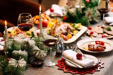 New Year festive served table with decorations Stock Photos