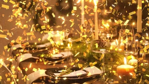 New Year Festive Table with Falling Star Confetti Animation Stock Footage 330248014