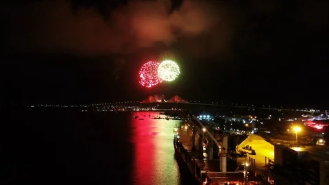 New Year fire works above Natal bridge Stock Footage 119822995