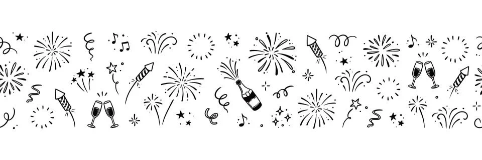 New year firework background. Hand drawn festive background with doodle firework Stock Illustration