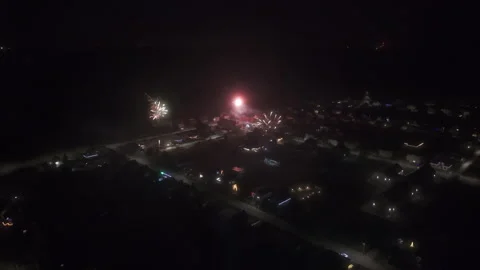 New Year Fireworks Over Small Town, High-Quality Drone Footage Stock Footage 308569598