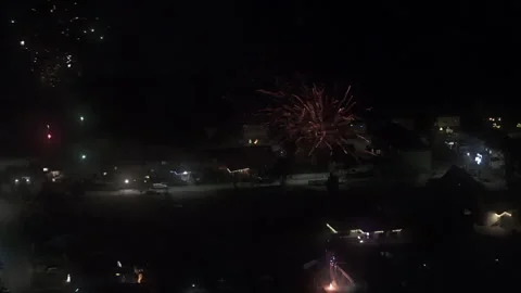 New Year Fireworks Over Small Town, High-Quality Drone Footage Stock Footage 308569692