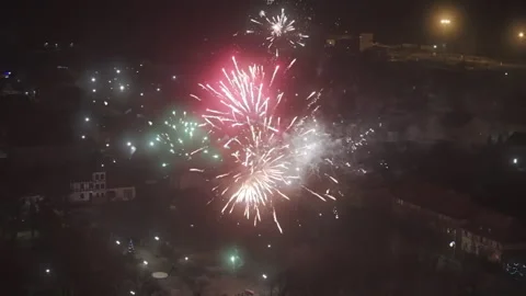 New Year Fireworks Over Small Town, High-Quality Drone Footage Stock Footage 308569745