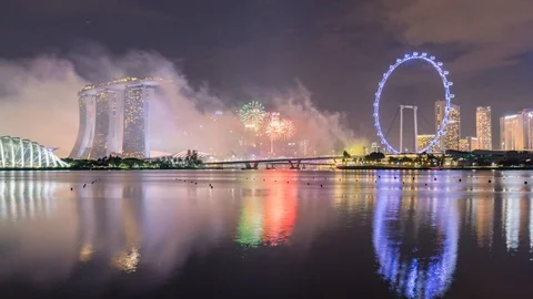 New Year fireworks overlooking the iconic Marina Bay in Singapore Stock Footage 119712402