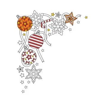 New year frame border with Doodle snowflakes, fir-tree balls, ribbon decorative Stock Illustration