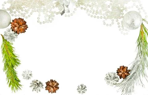 New year frame close up with cones and fir tree branch Stock Photos
