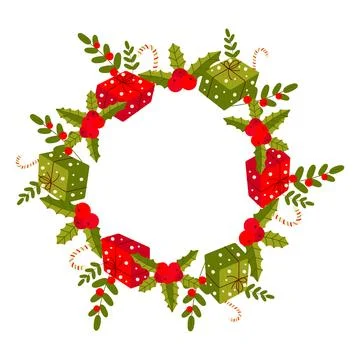 New Year frame, gift, candy, branch. On white isolated background. Stock Illustration