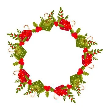 New Year frame, gift, candy, branch. On white isolated background. Simple Stock Illustration
