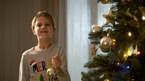 New Year. Funny Boy Standing Near Christmas Tree. Stock Footage 121049720