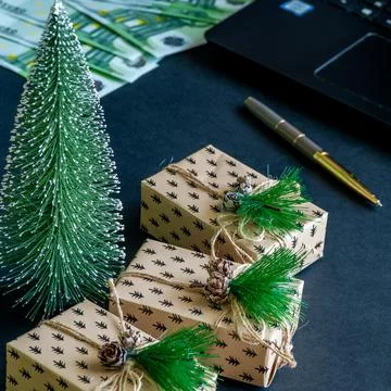 New year gift boxes on desktop in office Stock Photos