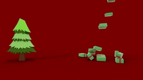 New year gifts falling over red backdrop near christmas tree Stock Footage 166626919