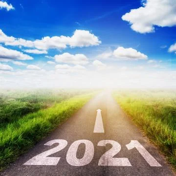 New Year Goals Concept : Empty asphalt road sunset and Happy New Year 2021. Stock Photos