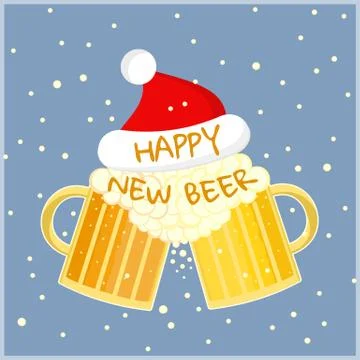 New year greeting card with two beer glasses toast Stock Illustration