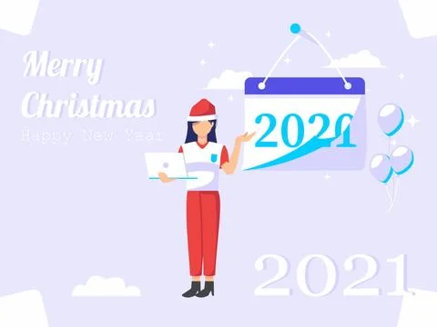 New year greeting card vector. Woman shows changing calendar. used for thank- Stock-Illustration