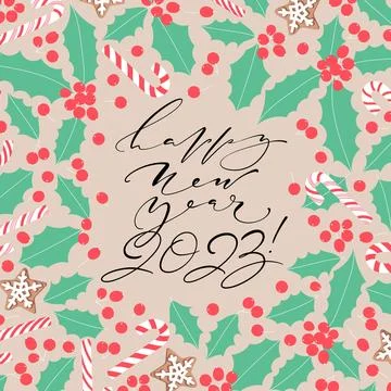 New Year greeting square shape card. Happy new year 2023 thin hand written le Stock Illustration