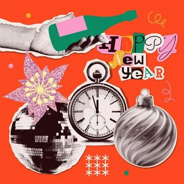 New year halftone collage elements set. Cut out of magazine shapes - hand Illustrazione stock