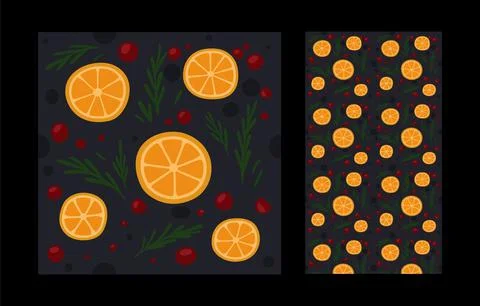 New year hand drawn pattern with orange, red berries and green firs. Decoration Stock-Illustration