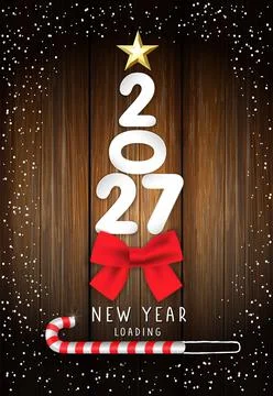 New Year loading 2027 greeting card with xmas tree with numbers and red bow Stock-Illustration