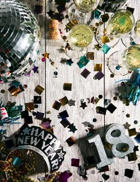 New Year: Looking Down At Party Table For NYE Stock Photos