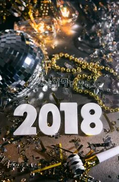 New Year: Lots Of Copyspace Around 2018 And Disco Ball Stock Photos